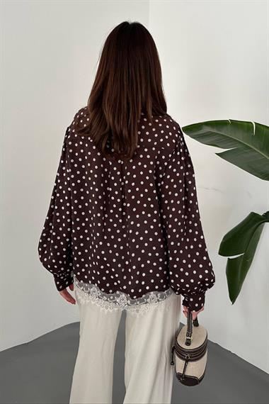 Toptan Kahverengi Puantiyeli Dantelli Gömlek