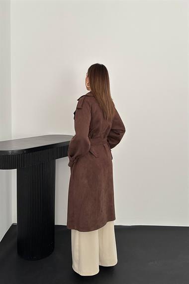 Toptan Kahverengi Reglan Kollu Süet Trençkot