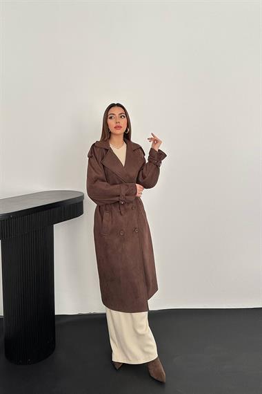 Toptan Kahverengi Reglan Kollu Süet Trençkot