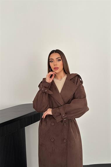 Toptan Kahverengi Reglan Kollu Süet Trençkot