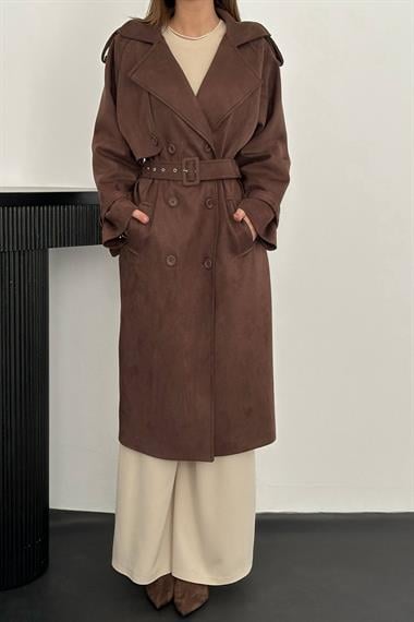 Toptan Kahverengi Reglan Kollu Süet Trençkot