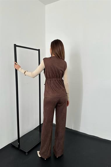 Toptan Kahverengi Süet Yelek Pantolon Takım