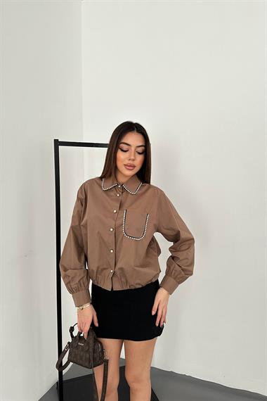 Toptan Kahverengi Taşlı Poplin Gömlek