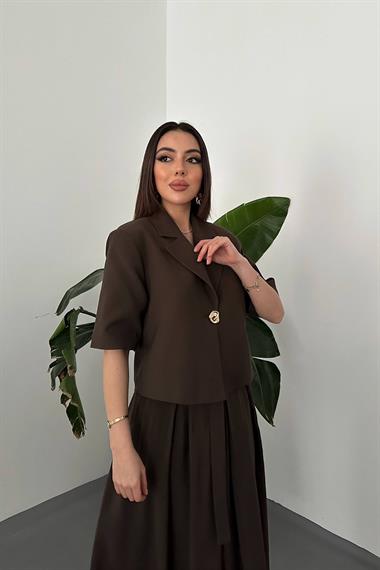 Toptan Kahverengi Tek Düğmeli Kısa Ceket Ve Etek Takım