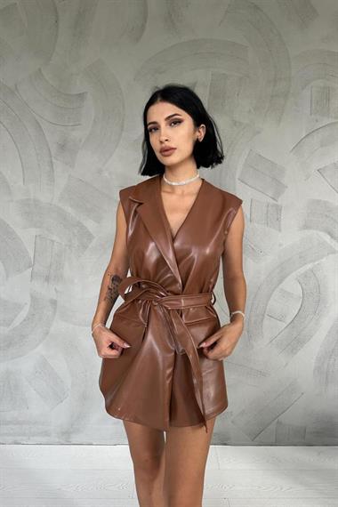 Toptan Kahverengi Tek Şal Yaka Yelek