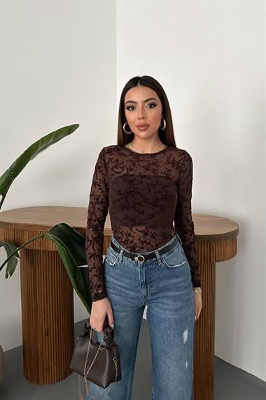 Toptan Kahverengi Transparan Bluz