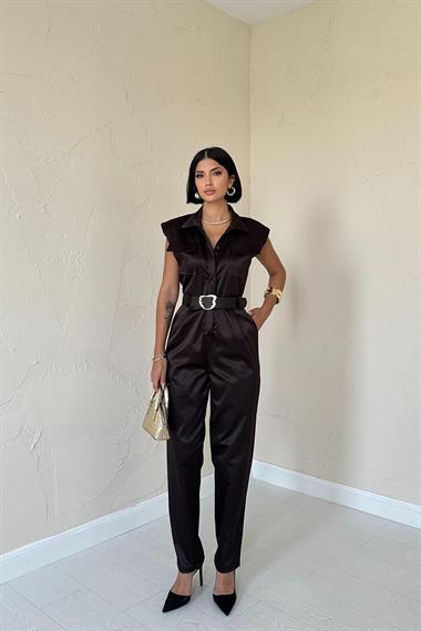 Toptan Kahverengi Vatkalı Kemerli Tulum