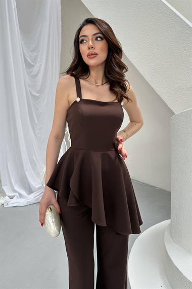 Toptan Kahverengi Volanlı Bluz Ve Pantolon Takım