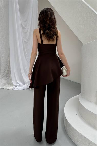 Toptan Kahverengi Volanlı Bluz Ve Pantolon Takım