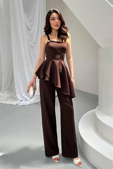 Toptan Kahverengi Volanlı Bluz Ve Pantolon Takım