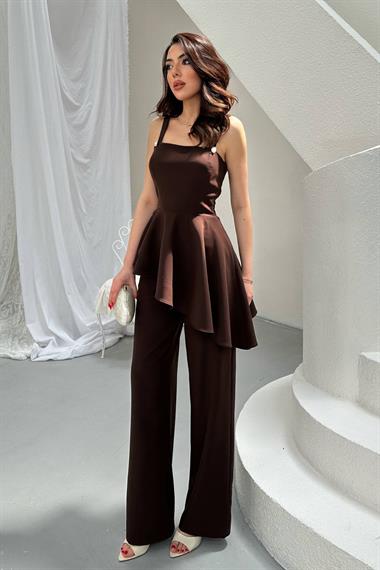 Toptan Kahverengi Volanlı Bluz Ve Pantolon Takım