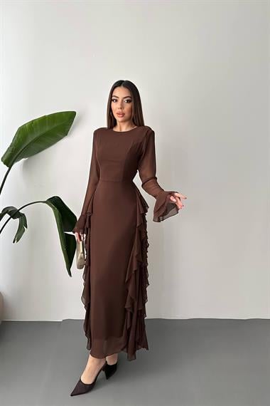 Toptan Kahverengi Volanlı Şifon Elbise