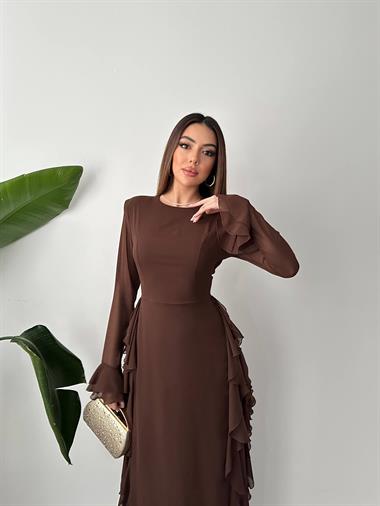 Toptan Kahverengi Volanlı Şifon Elbise