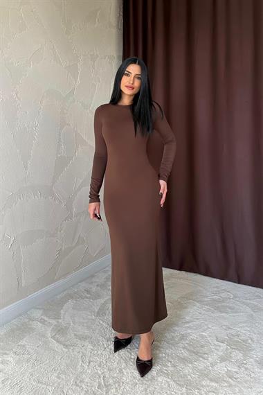 Toptan Kahverengi Vücudu Saran Uzun Elbise