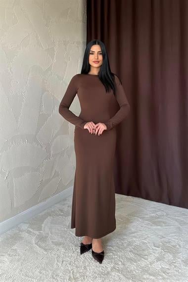 Toptan Kahverengi Vücudu Saran Uzun Elbise