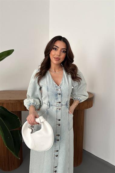 Toptan Kar Yıkama Balon Kol Kot Elbise