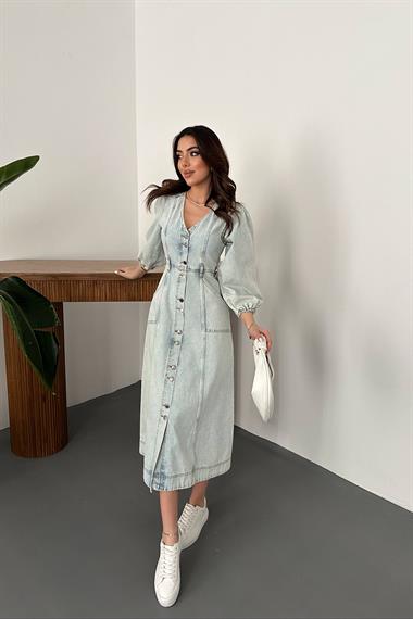 Toptan Kar Yıkama Balon Kol Kot Elbise