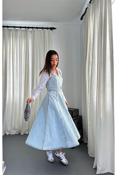 Toptan Kar Yıkama Midi Boy Bantlı Kot Elbise