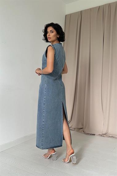 Toptan Kar Yıkama Sııfır Kol Pensli Denim Elbise