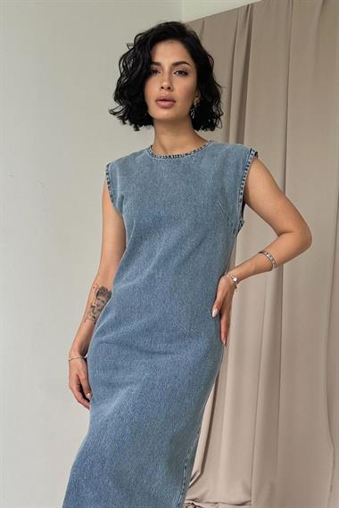 Toptan Kar Yıkama Sııfır Kol Pensli Denim Elbise