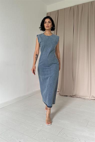 Toptan Kar Yıkama Sııfır Kol Pensli Denim Elbise