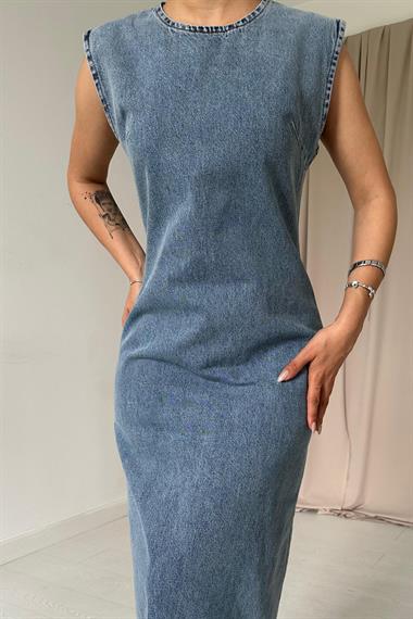 Toptan Kar Yıkama Sııfır Kol Pensli Denim Elbise