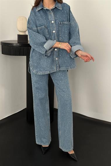 Toptan Kar Yıkama Taşlı Kot Gömlek Pantolon Takım