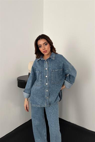 Toptan Kar Yıkama Taşlı Kot Gömlek Pantolon Takım