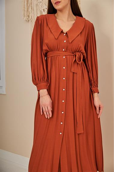 Toptan Kiremit Düğmeli ve Kuşaklı Elbise