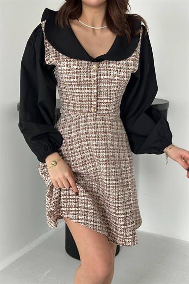 Toptan Kiremit Kolu Poplin Garnili Elbise