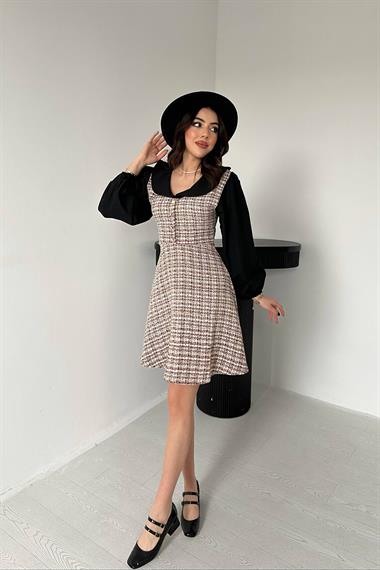 Toptan Kiremit Kolu Poplin Garnili Elbise