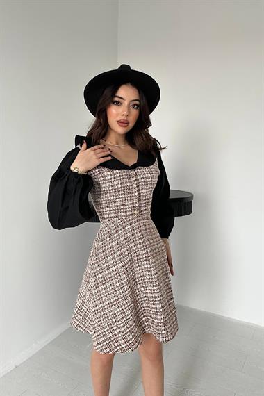 Toptan Kiremit Kolu Poplin Garnili Elbise