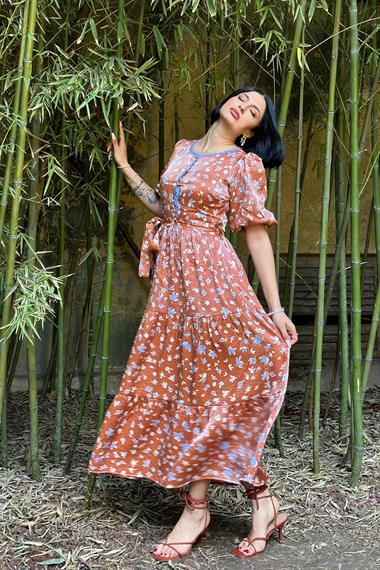 Toptan Kiremit Şerit Detaylı Düğmeli Elbise