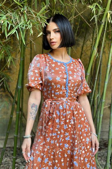 Toptan Kiremit Şerit Detaylı Düğmeli Elbise