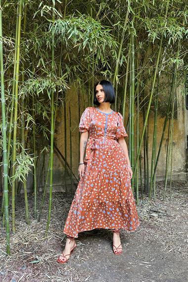 Toptan Kiremit Şerit Detaylı Düğmeli Elbise