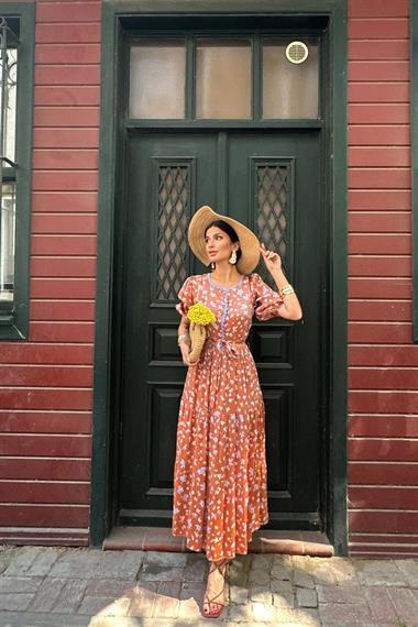 Toptan Kiremit Şerit Detaylı Düğmeli Elbise