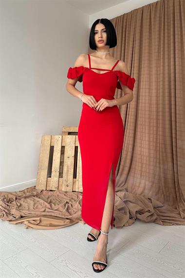 Toptan Kırmızı Askı Detaylı Elbise
