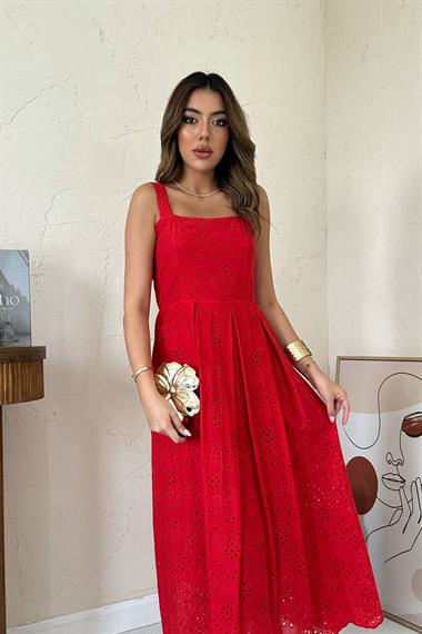 Toptan Kırmızı Askılı Aparatlı Brode Elbise