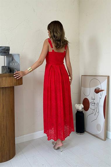 Toptan Kırmızı Askılı Aparatlı Brode Elbise