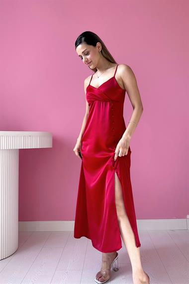 Toptan Kırmızı Askılı Saten Elbise
