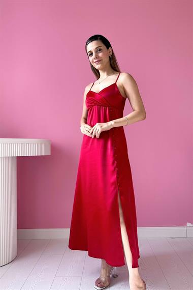 Toptan Kırmızı Askılı Saten Elbise