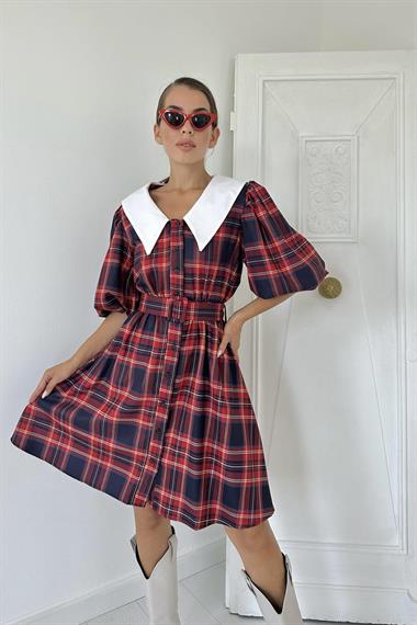 Toptan Kırmızı Bebe Yaka Ekose Elbise