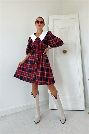 Toptan Kırmızı Bebe Yaka Ekose Elbise