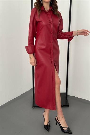Toptan Kırmızı Boydan Düğmeli Deri Elbise