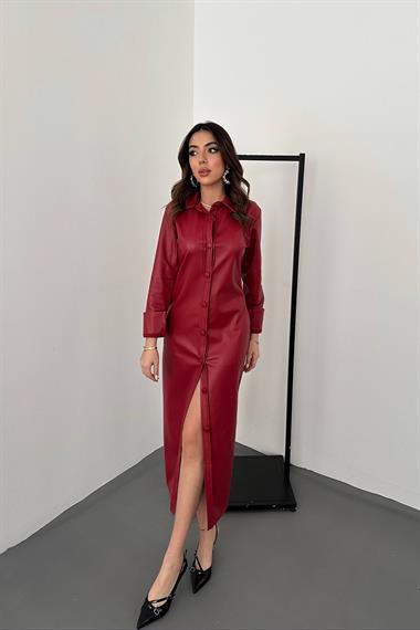 Toptan Kırmızı Boydan Düğmeli Deri Elbise