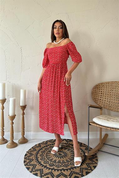 Toptan Kırmızı Çiçek Desenli Elbise