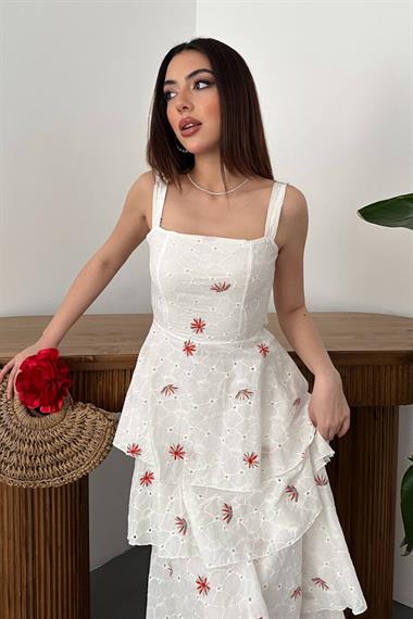 Toptan Kırmızı Çiçek Desenli Kat Kat Arkası Bağlamalı Elbise