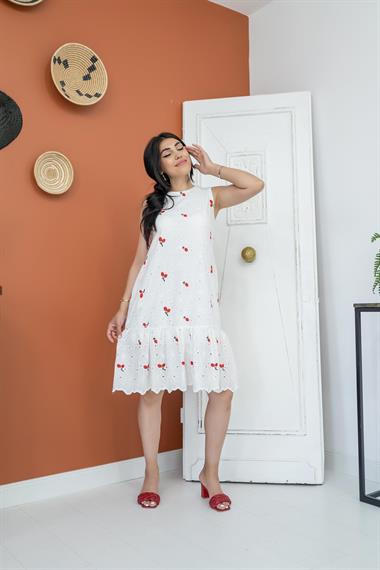 Toptan Kırmızı Dantelli Çiçekli Elbise