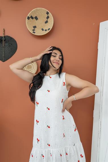 Toptan Kırmızı Dantelli Çiçekli Elbise