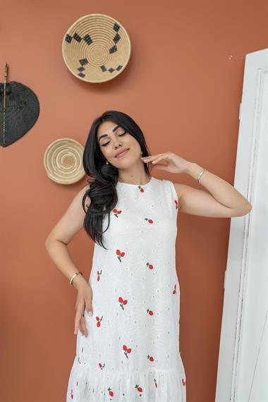 Toptan Kırmızı Dantelli Çiçekli Elbise